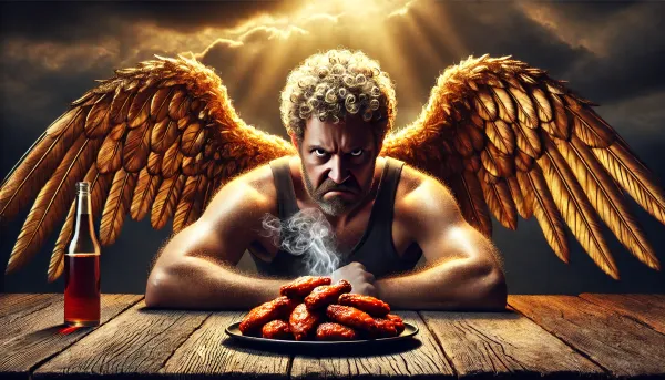 Icarus scowling at a plate of hot wings