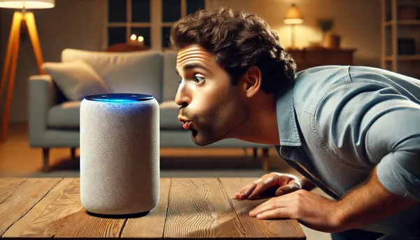 A man trying to blow out an Amazon Echo like a candle