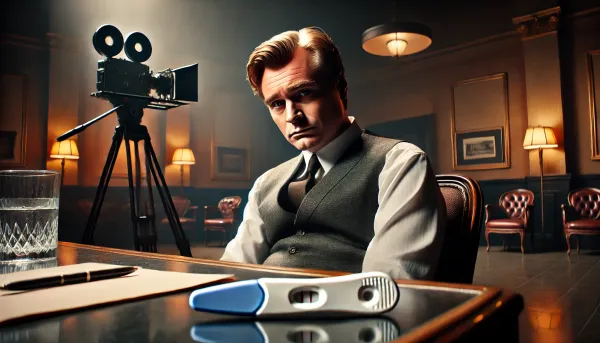 Christopher Nolan looking sadly at a pregnancy test