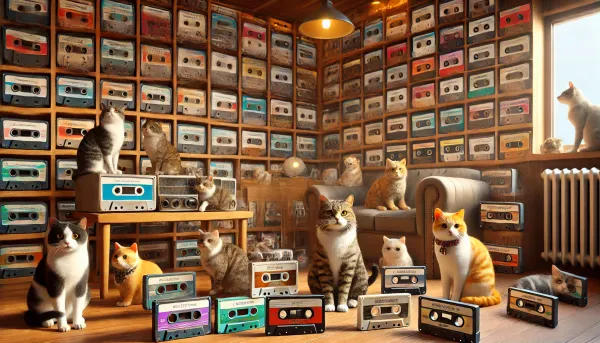 A bunch of cats in a room filled with cassette tapes