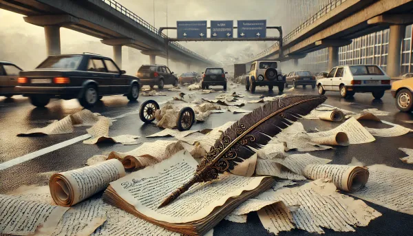 A quill and manuscripts scattered on a busy highway