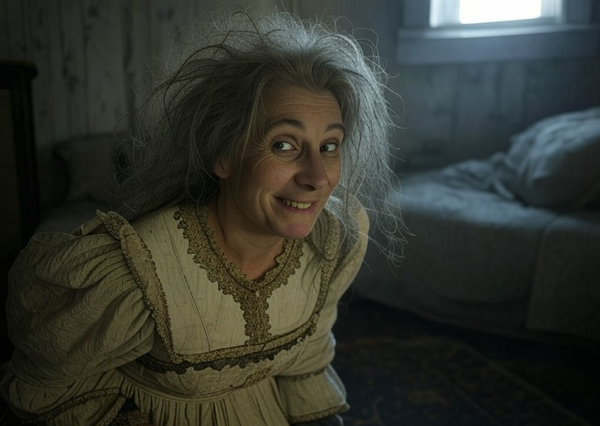 A disheveled woman in an attic