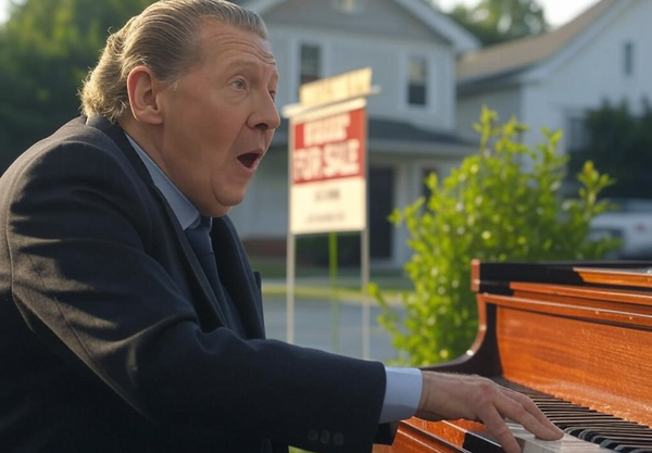 "Jerry Lee Lewis" playing piano in front of a house that's for sale