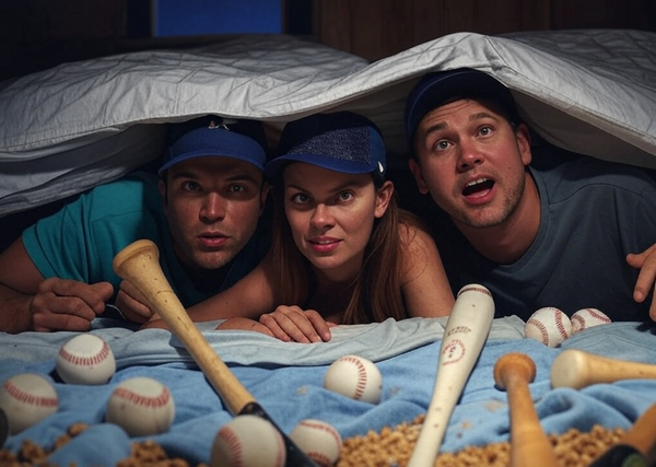 Three people under the covers together, surrounded by baseball-themed items