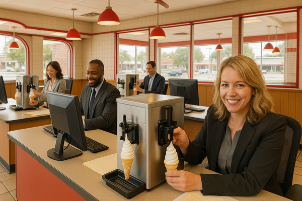 A bunch of real estate agents with ice cream machines at their desks
