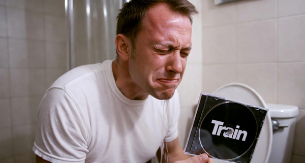 A guy crying in the bathroom while holding a Train CD