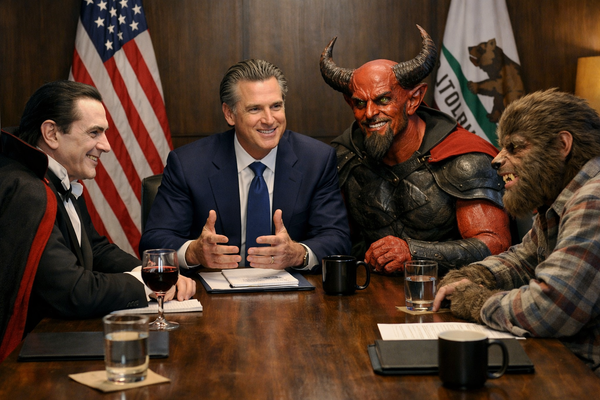 Gavin Newsom holding a panel discussion with monsters
